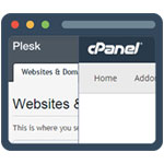 cPanel and Plesk panels shown in a window