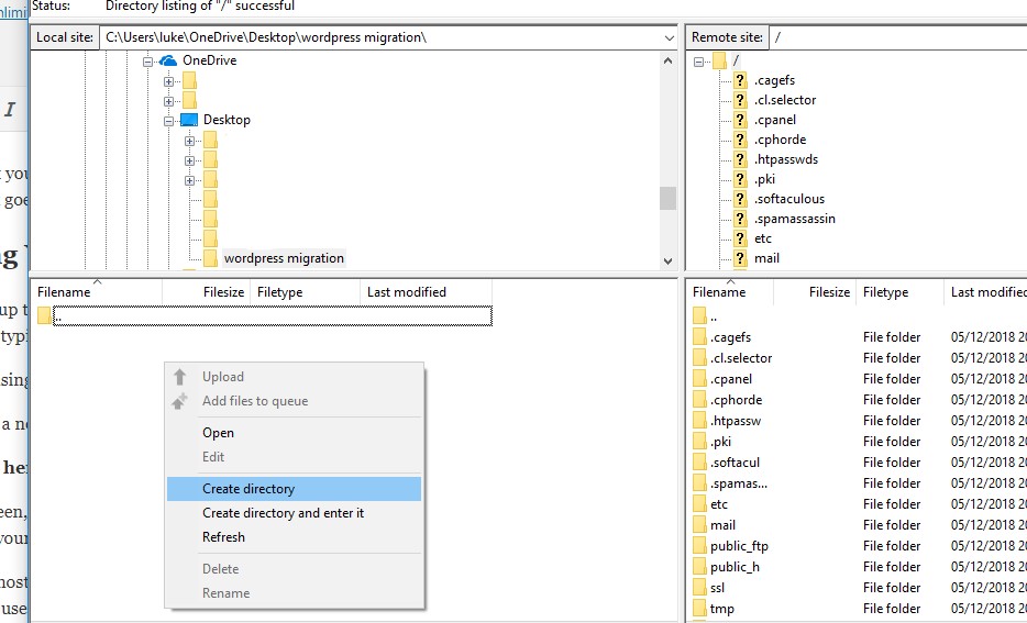 creating a directory using FTP