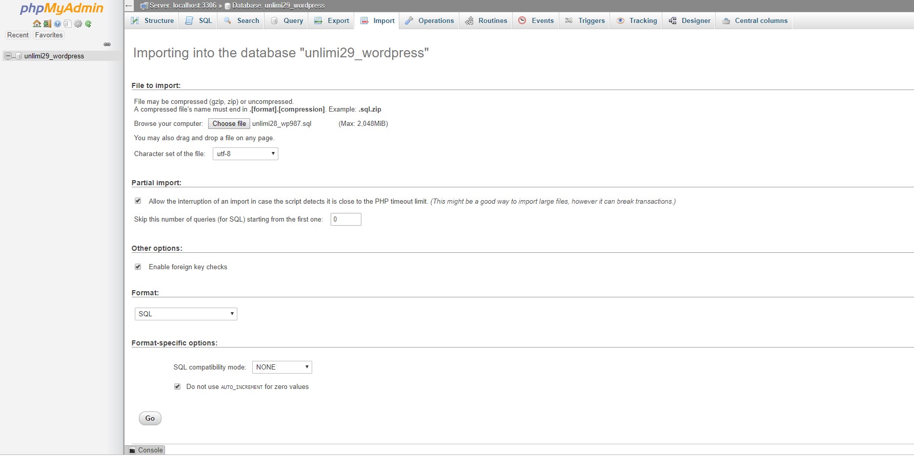 Importing your database in phpMyAdmin