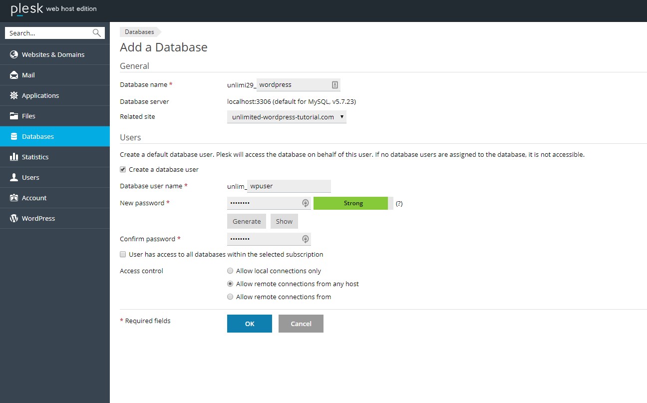 Creating your database and user in Plesk